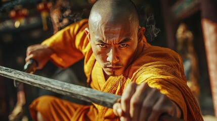 Intense Shaolin Monk Wielding Traditional Spear with Focused Eyes