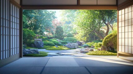 Serene Japanese Home with Zen Garden and Sliding Doors View