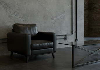Modern Black Leather Armchair and Glass Coffee Table in Industrial Loft Setting