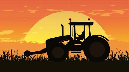 Obraz premium Silhouette of a tractor working the land at sunset, set against a vibrant orange sky, creating a warm, dramatic, and timeless farming scene. 