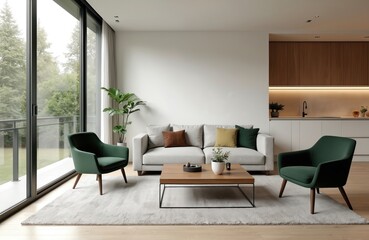 Fototapeta premium Modern living room interior design in townhouse, open space with white walls, large windows with view of trees. Cozy sofa, armchairs, wooden coffee table, carpet, kitchen with lights, nobody.