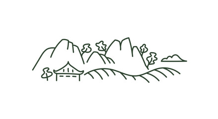 Minimalist Asian-Style Landscape. Vector Editable Outline Stroke
