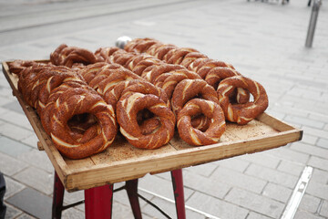 Freshly baked turkish simit selling at street 