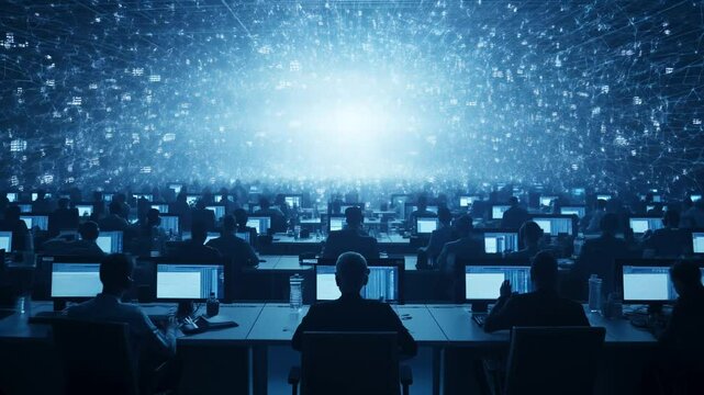 Digital Realm: Silhouetted figures immersed in a digital matrix, illuminated by a central light source, symbolize the interconnectedness and vastness of the modern technological landscape.