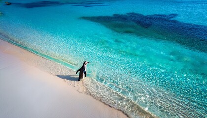 a lone penguin wades in the crystal clear turquoise waters near a sandy beach a breathtaking aerial view capturing its serene journey
