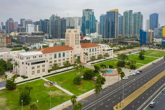 Aerial view of the County Administration Center in San Diego, California, USA. The building is a landmark and serves as the seat of government.