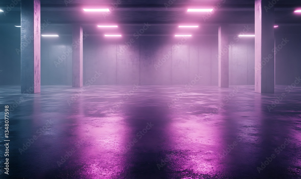 Poster Empty industrial space with reflective floors and neon lighting creating a moody atmosphere.
