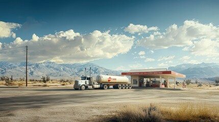 Obraz premium Fuel Delivery Truck at Remote Gas Station in Desert Landscape