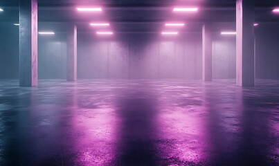 Obraz premium Empty industrial space with reflective floors and neon lighting creating a moody atmosphere.