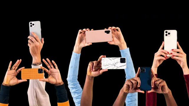 People holding smartphones animated overlay, transparent 4K video, alpha channel, ProRes 4444