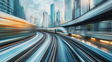 Fototapeta premium A high-speed train racing through a modern cityscape, with blurred motion effects.