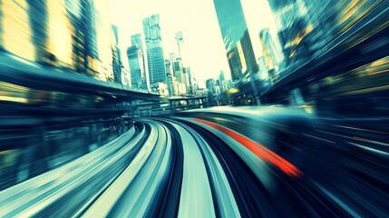 Obraz premium A high-speed train racing through a modern cityscape, with blurred motion effects.
