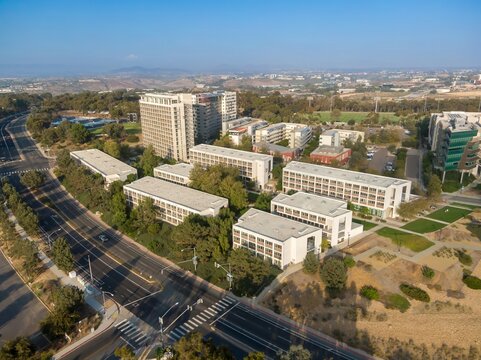 Aerial view of the University of California San Diego (UCSD) campus, showcasing its architecture and green spaces. La Jolla, California, USA