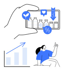 Hand holding smartphone with product sale icons, graph showing growth, person pointing upward. Ideal for e-commerce, sustainability, marketing, analytics, trend analysis, digital tools flat simple
