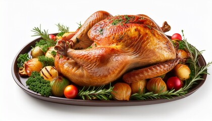 a roasted turkey served on a platter with herbs and vegetables isolated on white background