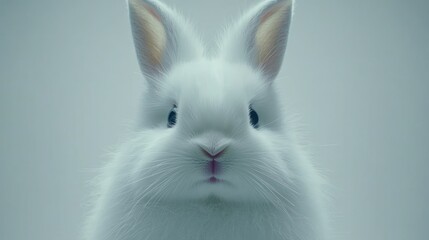 Obraz premium Close-up of a fluffy, white rabbit with large ears against a light background