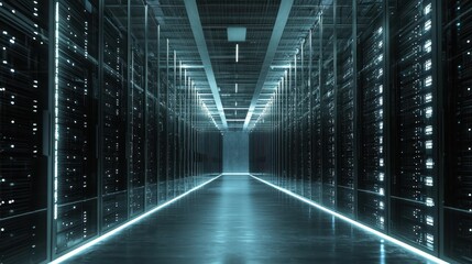 Fototapeta premium Vast Warehouse Center Filled with Data Storage Racks and Lights