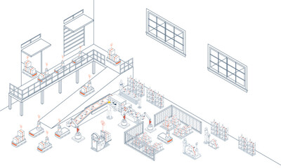 Naklejka premium Smart logistics combines warehouse management with wireless technology and automated robots AGVs and AMRs for efficient material handling.