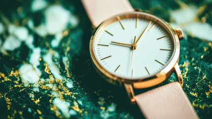 Elegant watch on green marble surface