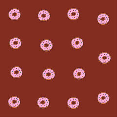 a pattern of donuts with pink icing on a brown background