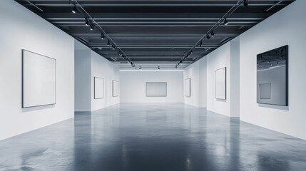 Vast Empty Gallery Space with Abstract Art on White Walls