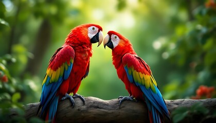 Fototapeta premium Scarlet Macaw Lovebirds in Tropical Paradise: A Vibrant Display of Affection