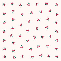 a pattern of red cherries with green leaves