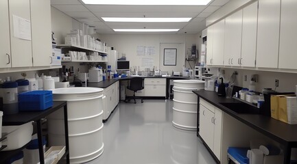 Interior View of Clean Modern Laboratory with Equipment and Storage