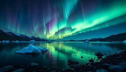 Aurora Borealis Reflection Over Calm Lake with Vibrant Green and Purple Lights. Vibrant Green, Blue, and Purple Aurora Lights Reflecting on Peaceful Water