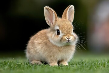 Fototapeta premium Adorable Close Up Fluffy Bunny Rabbit With Soft Brown Fur On Green Grass, Bathed In Natural Light Captivating Image Of Playful, Fluffy Bunny In Its Natural Habitat