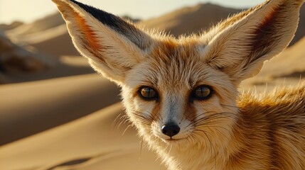 Fototapeta premium Sunlight illuminates the vibrant fur of a fennec fox, highlighting its large ears and curious gaze as it navigates the vast sandy landscape of the Sahara Desert.