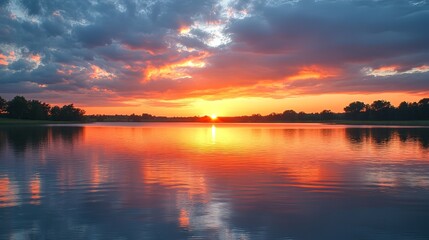 Obraz premium A serene sunset over a calm lake, with vibrant orange and pink hues reflecting on the water.