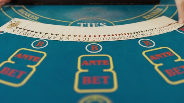 Casino table felt with betting layout and ante bet markings, gambling background.