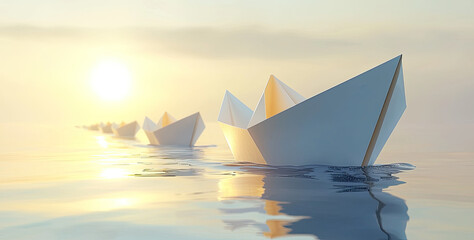 Obraz premium Paper boats float on calm water at sunrise