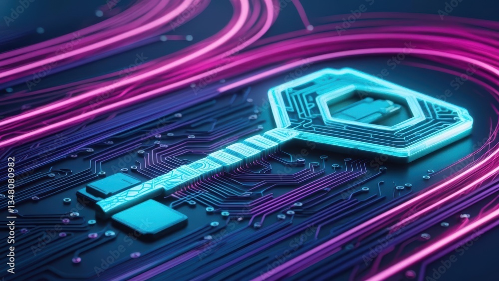 Poster intricate close-up of a digital key embedded in a circuit board illustrating data encryption process