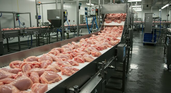 Modern poultry processing facility with conveyor of fresh chicken meat