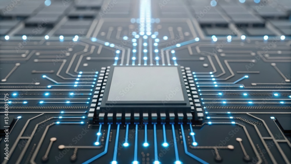 Poster circuit board with illuminating blue lights representing advanced ai powered automation system desig