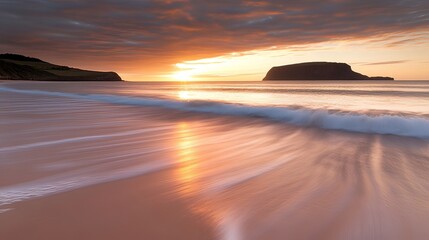 A tranquil beach at sunrise, with soft waves lapping against the shore and a golden horizon.