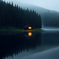 Obraz premium Lakeside Cabin Lit At Night Reflecting In Still Water Surrounded By Forest Under Misty Sky