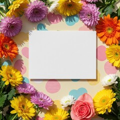 Obraz premium Blank card framed by vibrant floral arrangement on polka dot background