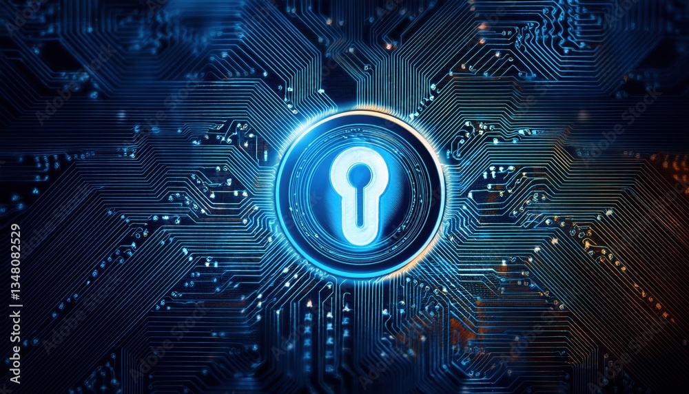Poster glowing security key embedded in circuit board depicting ai-driven cybersecurity interface design