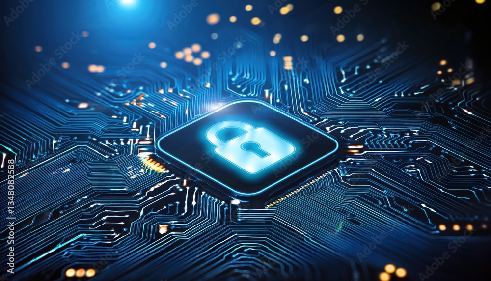 Poster circuit featuring lock embedded in design symbolizing ai-driven cybersecurity interface innovation