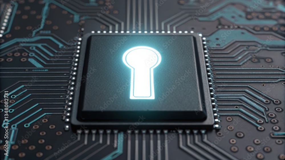Poster glowing key resting on pad illustrating ai driven cybersecurity interface for data protection