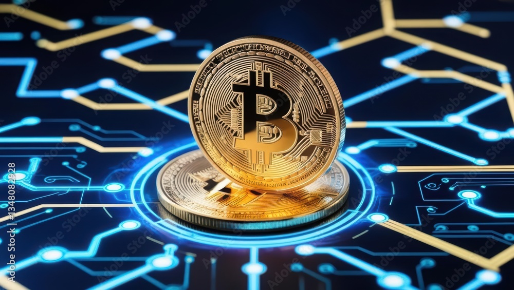 Poster macro shot of a bitcoin coin on a circuit board illustrating blockchain-powered fintech transactions