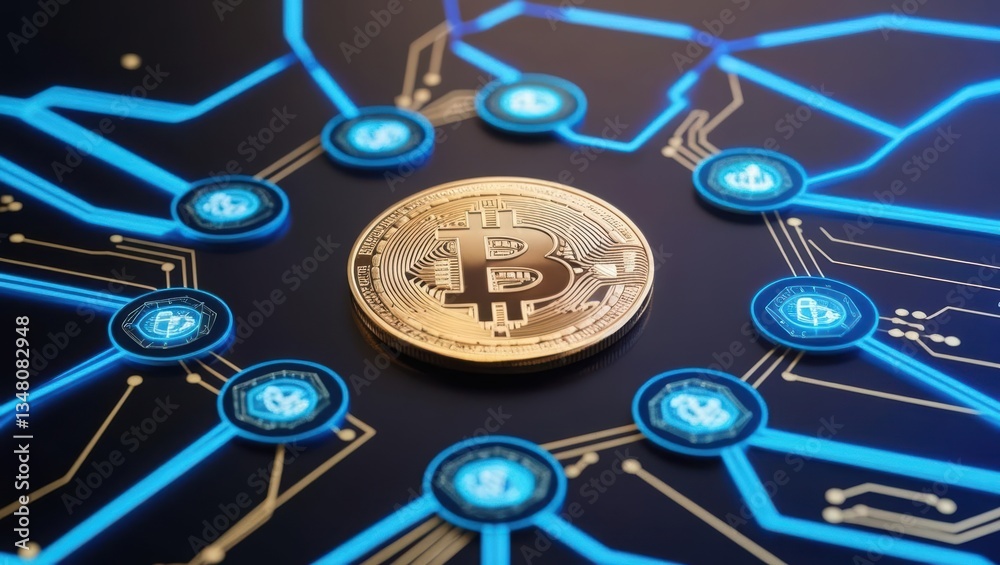 Poster bitcoin coin surrounded by cryptography elements illustrating blockchain-powered fintech security