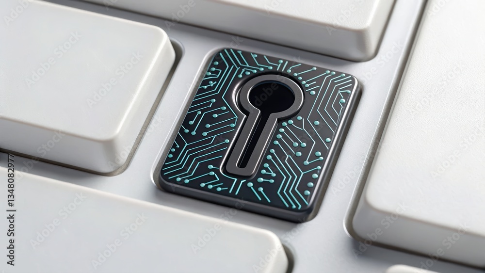 Poster close-up of a key positioned on a computer keyboard symbolizing cybersecurity in blockchain systems