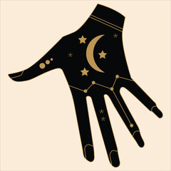 Mystical Celestial Hands with Stars, Moons, and Spiritual Symbols. Elegant mystic hands adorned with stars, moons, and cosmic symbols in black and gold silhouette.