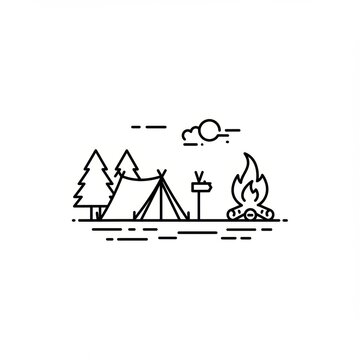 recommend clip art: Minimalist camping scene with tent and campfire line art illustration