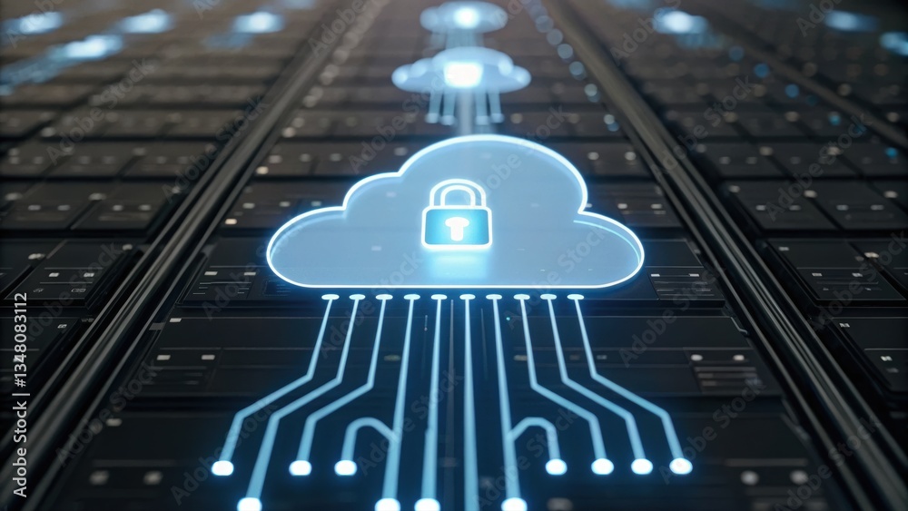 Poster cloud with a lock symbolizing the intersection of cloud-based digital transformation and data securi