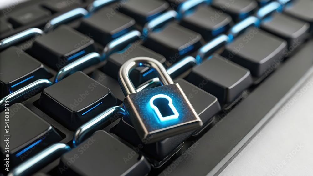 Poster secure cryptocurrency transaction verification with a padlock on a keyboard symbolizing safety